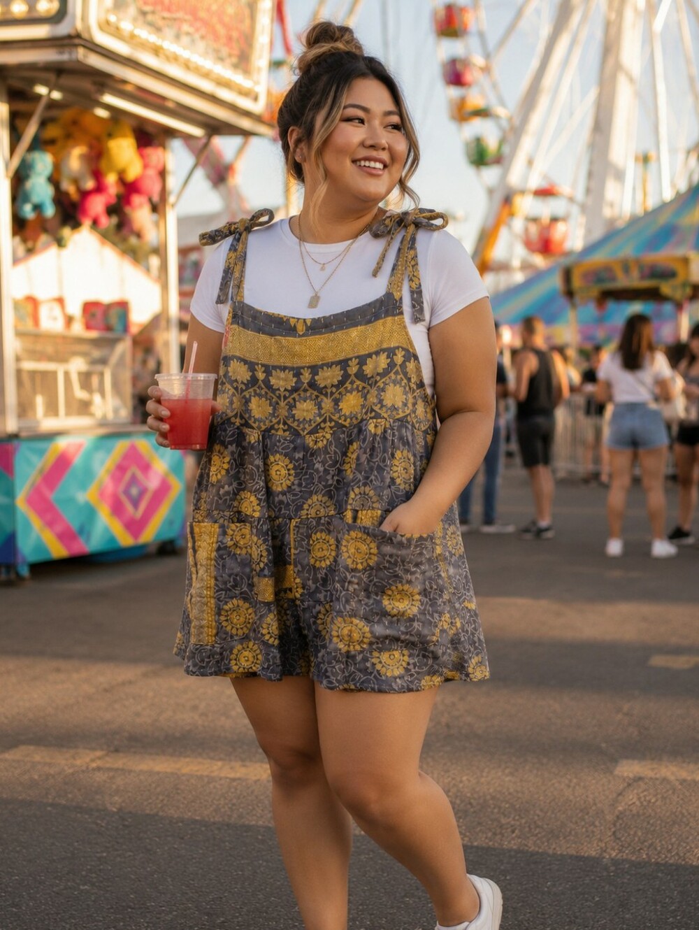 NWT Plus Size Tie-Shoulder Kantha Cotton Shorts Romper in Yellow & Gray